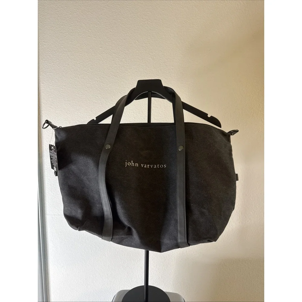 JOHN VARVATOS BLACK CANVAS LARGE DUFFLE BAG WITH LONG STRAP NEW